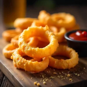 Golden crispy fried onion rings served with ketchup on a wooden table