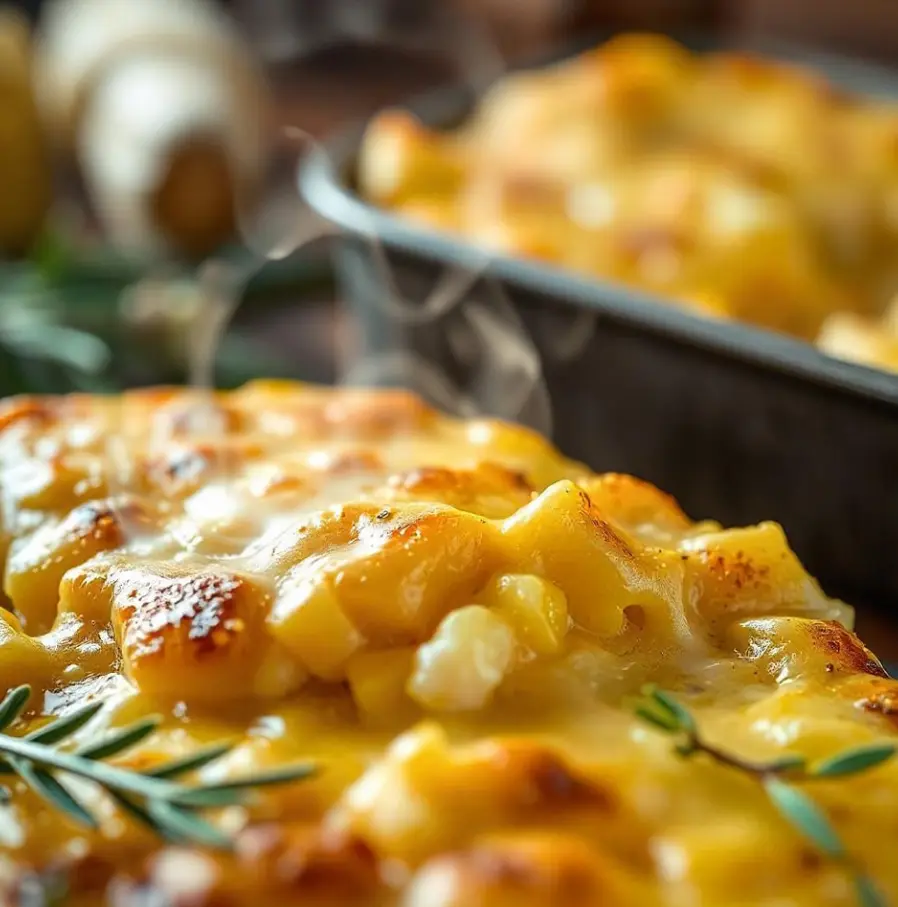 A deliciously creamy corn casserole topped with melted cheddar cheese and green onions, served in a baking dish.