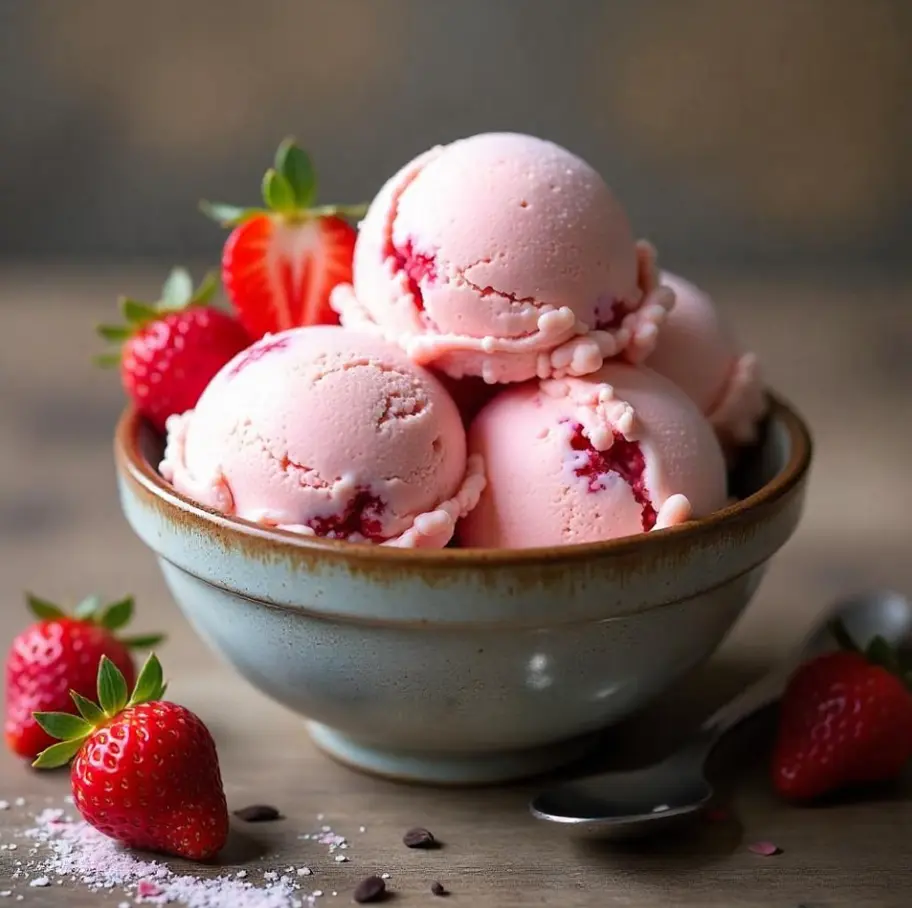 Homemade strawberry vanilla ice cream in a bowl, topped with fresh strawberry slices.