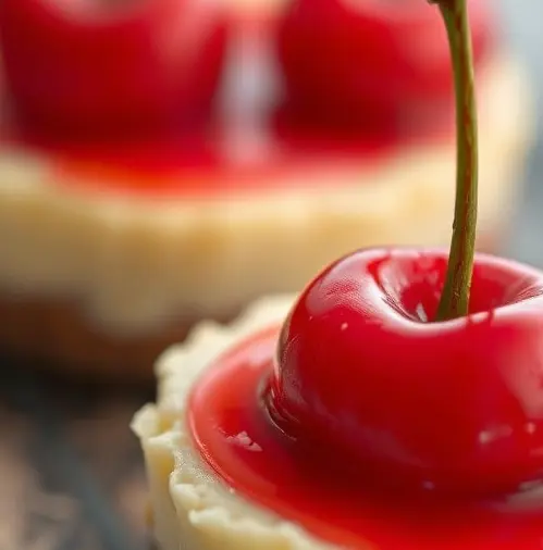 Mini cheesecakes with a graham cracker crust, topped with cherry pie filling, served on a platter.