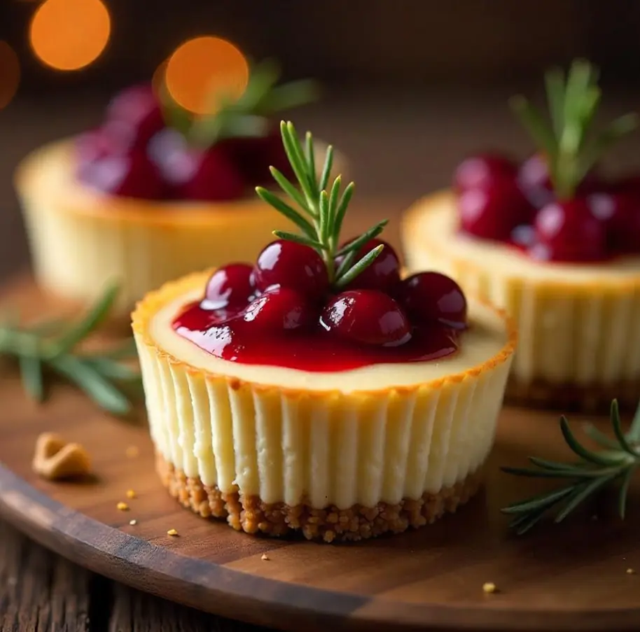 Mini savory cheesecakes with a pistachio crust, topped with cranberry compote and fresh rosemary, served on a festive platter.