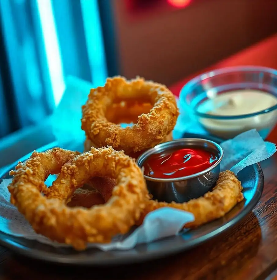 Crispy golden onion rings served with a side of ketchup for dipping.