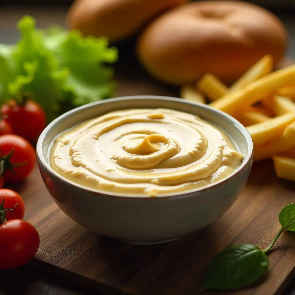 Bowl of creamy special burger sauce with fries and fresh burger ingredients on a wooden table