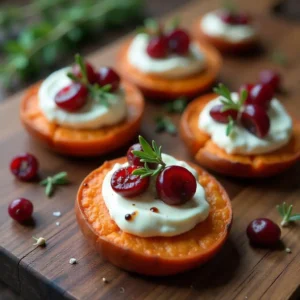 Roasted sweet potato rounds topped with goat cheese, dried cranberries, balsamic glaze, and fresh thyme leaves