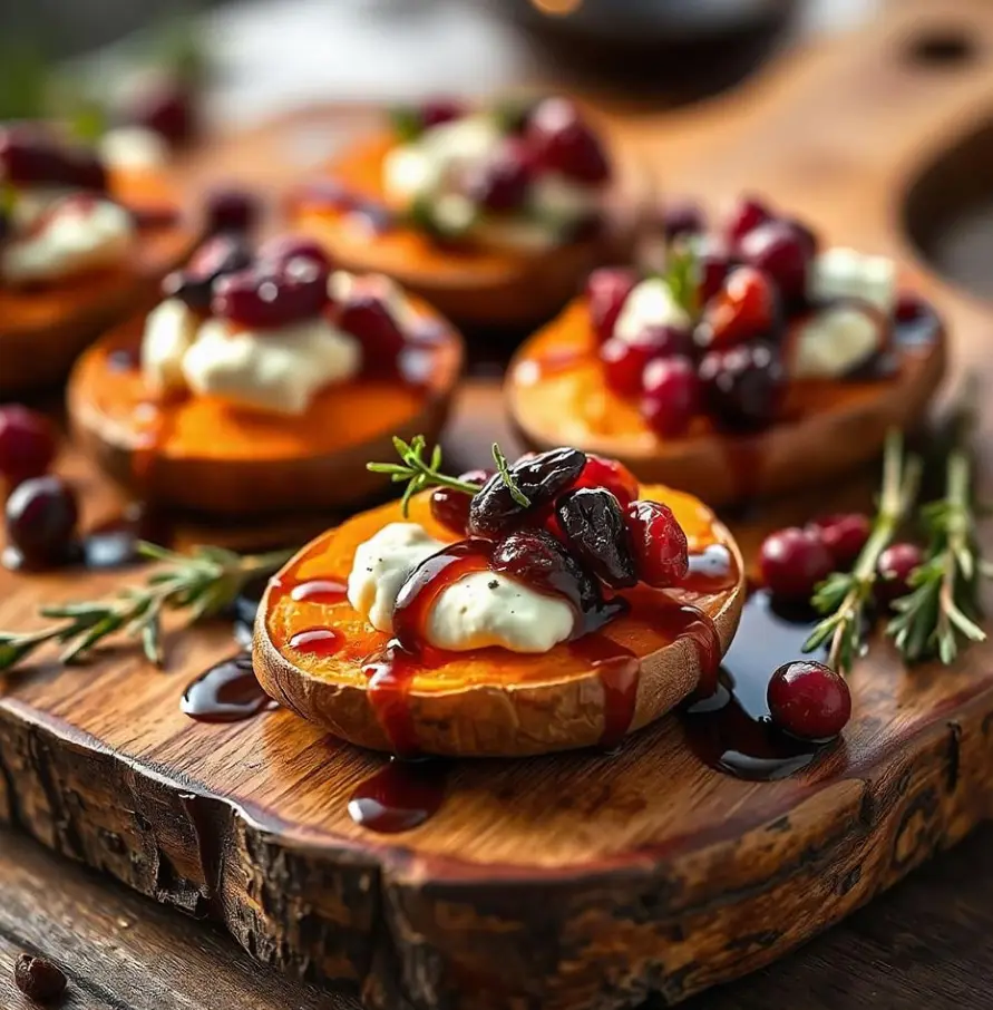 Roasted sweet potato rounds topped with goat cheese, dried cranberries, and a drizzle of balsamic glaze, garnished with fresh thyme.