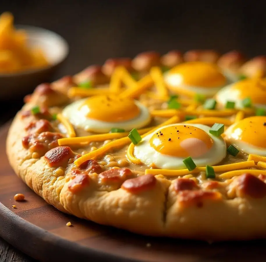 Biscuits and Sausage Gravy Breakfast Pizza topped with scrambled eggs, sausage gravy, and melted cheddar cheese on a golden crust.