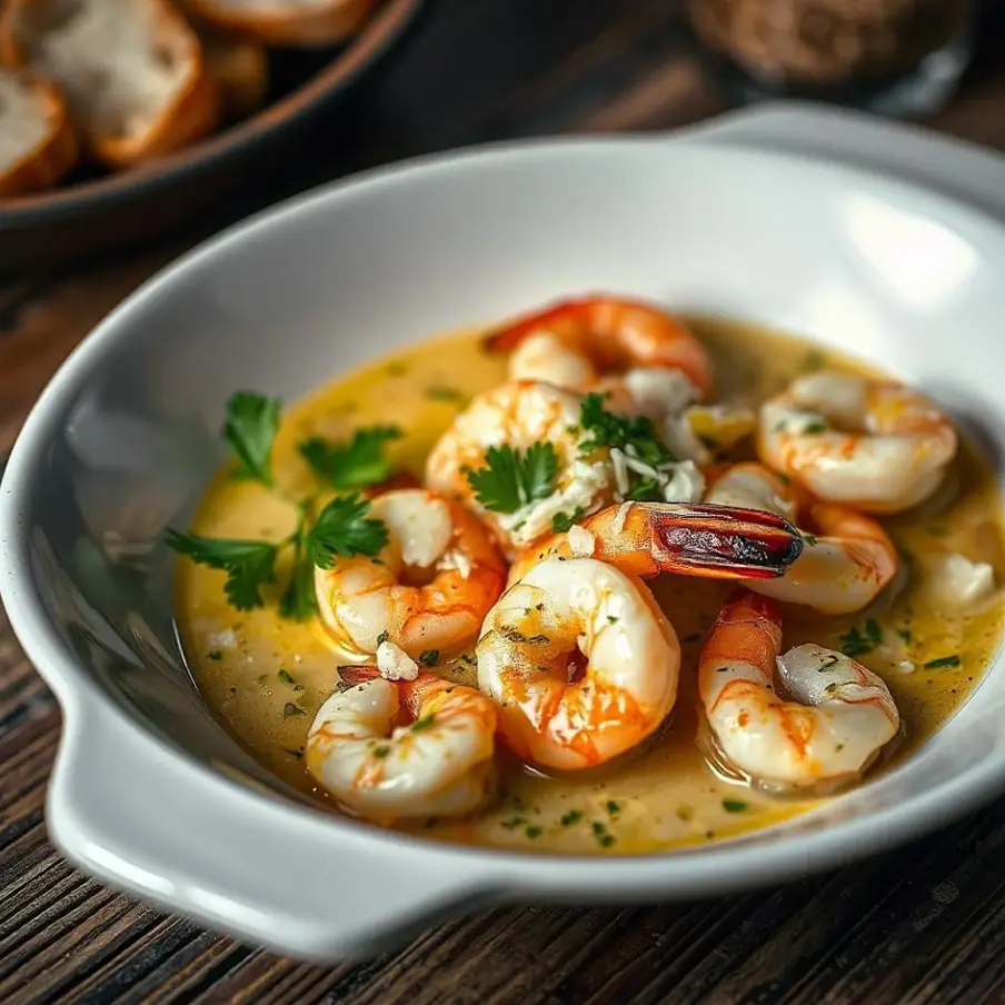 A delicious plate of creamy garlic butter shrimp with a rich, smooth sauce, topped with fresh parsley. The shrimp are perfectly cooked, pink and tender, and served with a sprinkle of Parmesan. The dish is served over a bed of pasta, making for a satisfying and flavorful meal