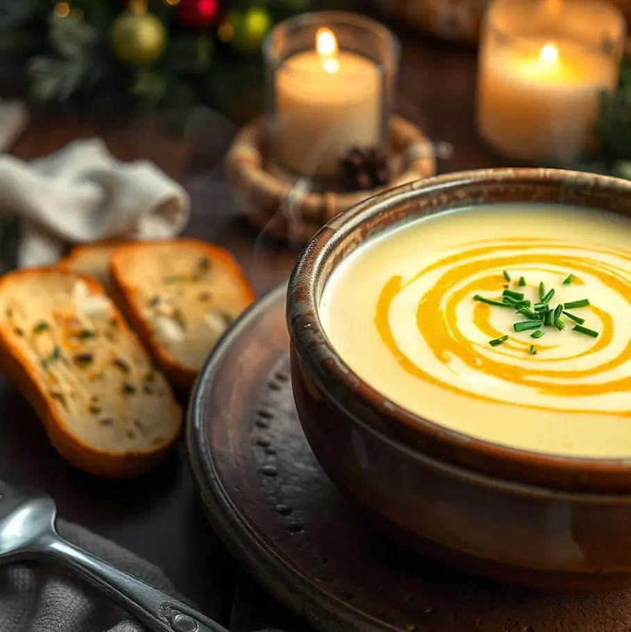 Warm bowl of creamy potato soup with chunks of potato, garnished with fresh herbs, served with crispy garlic bread slices.