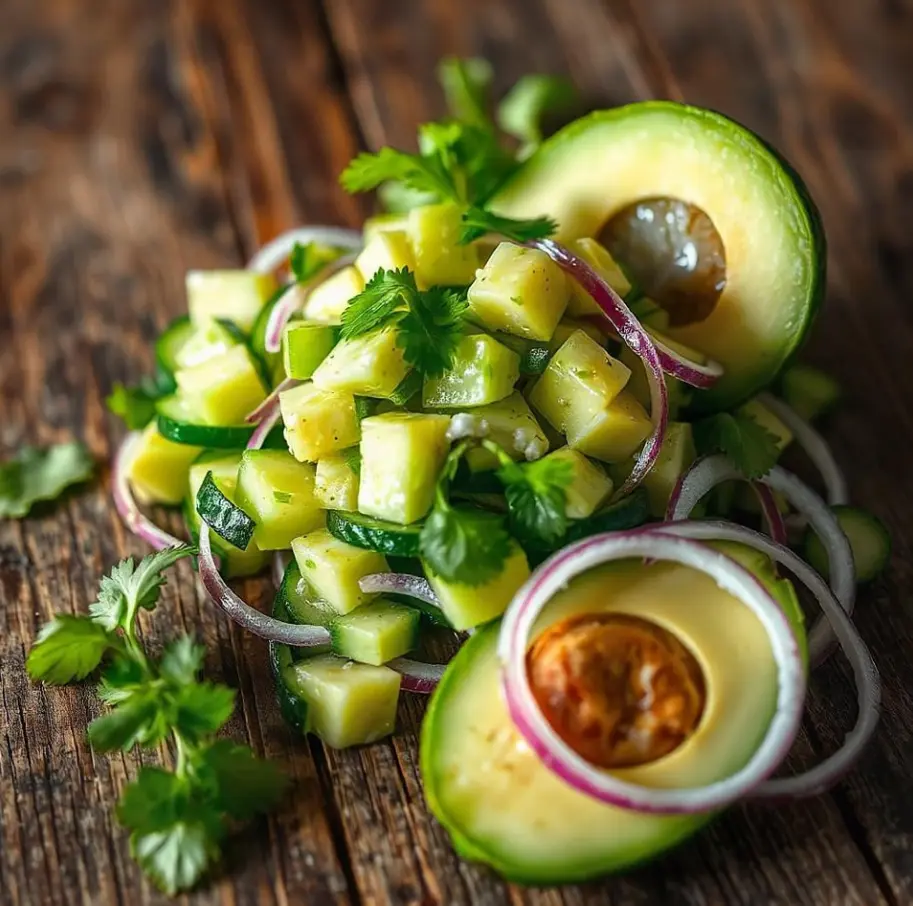 Refreshing cucumber and avocado salad with red onion, cilantro, and a tangy lime dressing, served in a bowl.