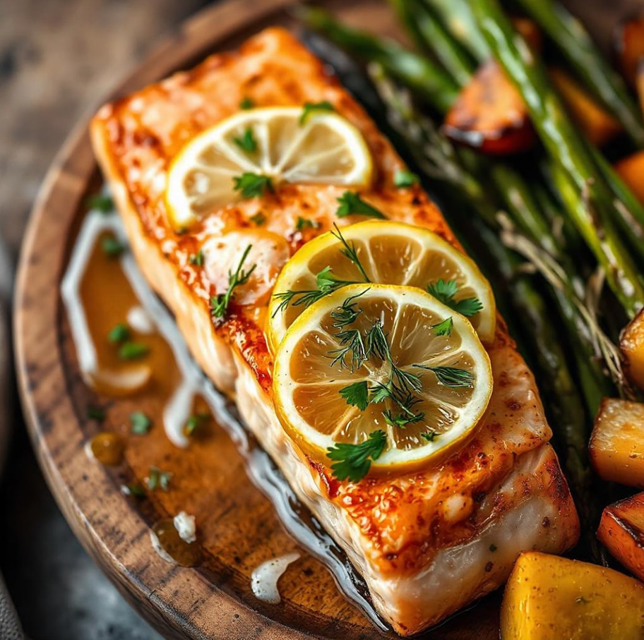 Grilled salmon fillet garnished with fresh herbs and lemon slices, served on a wooden plate with a side of roasted vegetables.