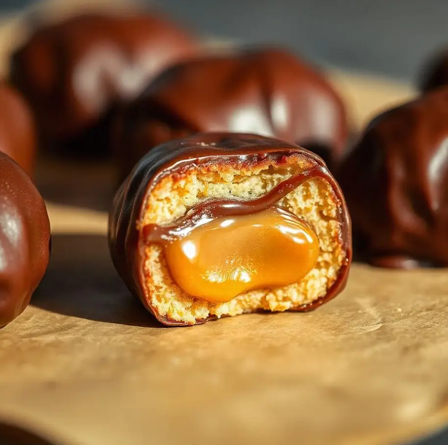 Homemade Twix Bites made with Nilla wafer cookies, caramel Rolos, and a smooth chocolate coating, served on parchment paper.