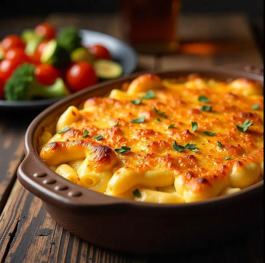 Golden baked mac and cheese topped with crispy breadcrumbs served alongside colorful roasted veggies, including broccoli, cherry tomatoes, zucchini, and red bell peppers.