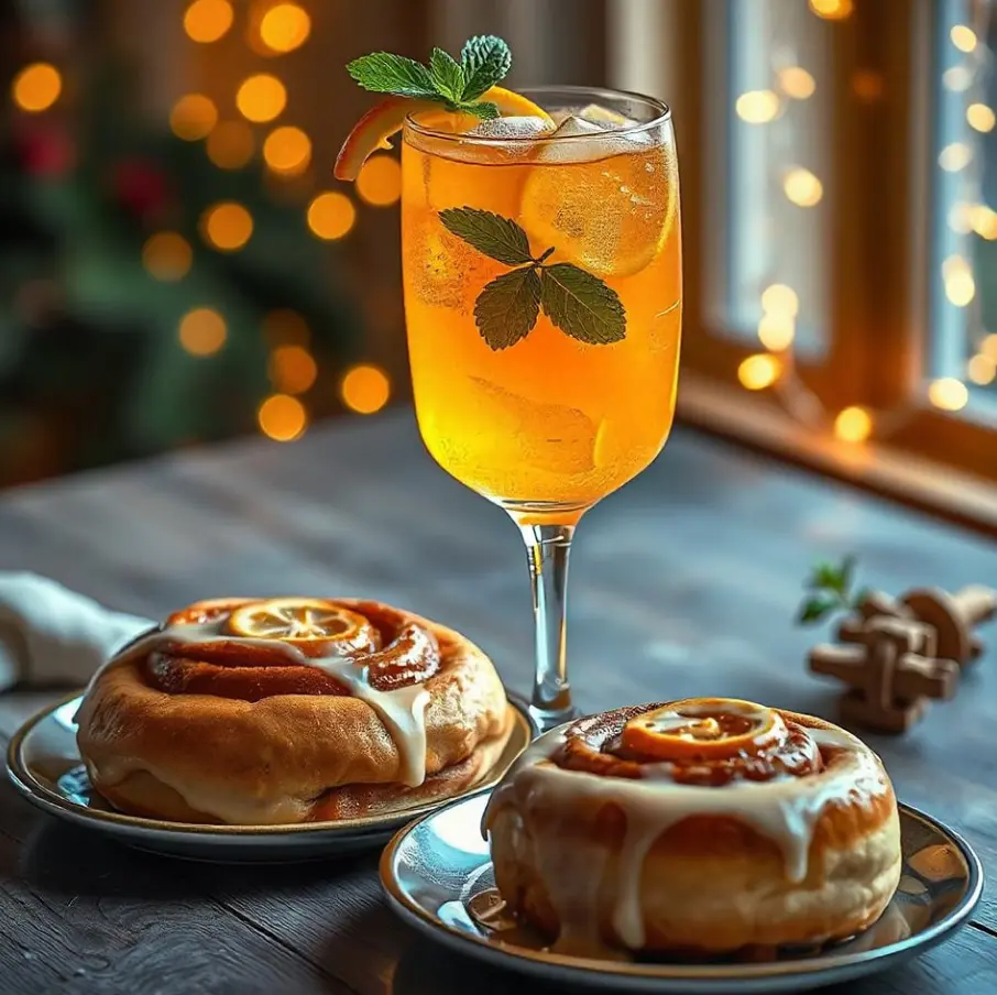 A refreshing glass of sparkling citrus punch garnished with orange and lemon slices alongside a tray of golden, gooey cinnamon rolls drizzled with vanilla glaze.