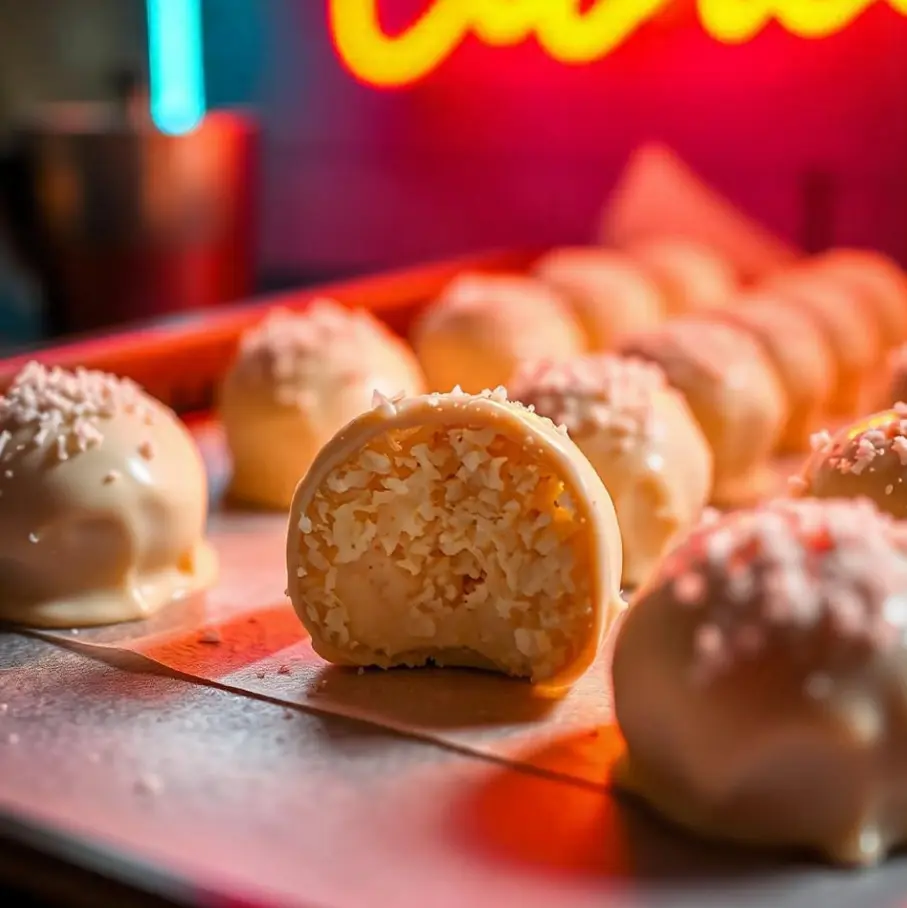 Delicious No-Bake Coconut Cream Balls made with shredded coconut, cream cheese, and optionally coated in white chocolate, arranged on a parchment-lined tray.