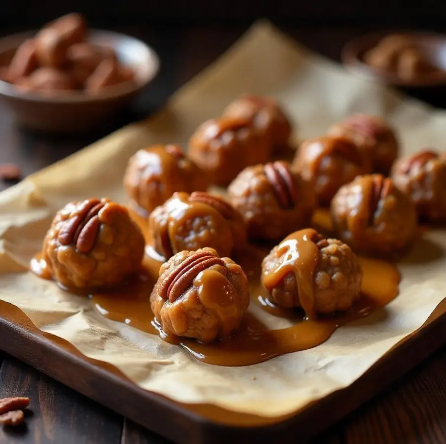 New Orleans Pecan Clusters made with toasted pecans coated in buttery caramel and vanilla, cooling on parchment paper.