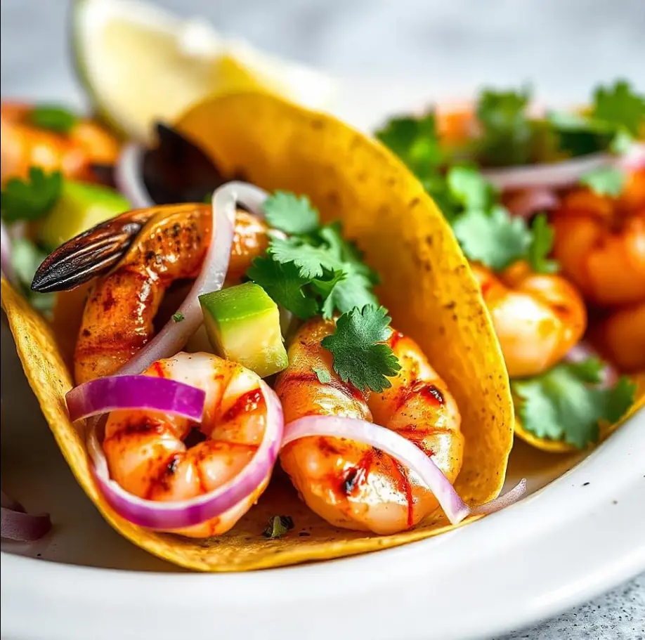 Spicy shrimp tacos topped with avocado slices, red onion, and fresh cilantro on warm corn tortillas with lime wedges on the side.