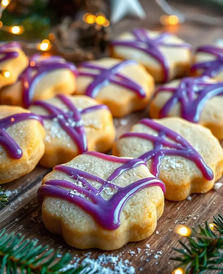 A plate of festive Sugar Plum Shortbread Cookies, shaped in stars and circles, with a glossy purple glaze drizzled over the top. The cookies are lightly golden around the edges and garnished with a hint of sparkle, making them perfect for holiday celebrations