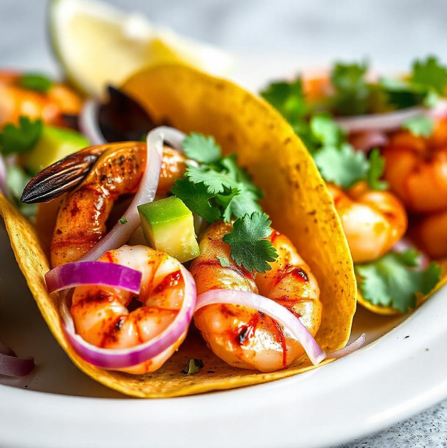 Spicy shrimp tacos served on a wooden plate, garnished with fresh lime wedges, vibrant purple cabbage slaw, and a drizzle of creamy chipotle sauce.