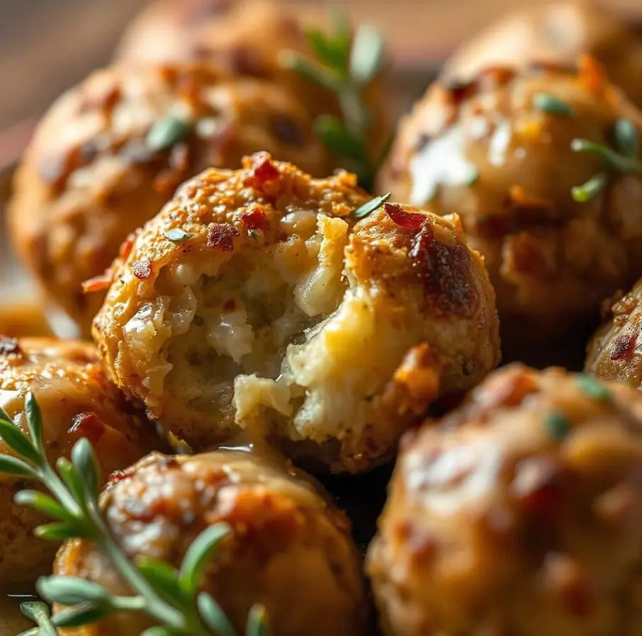 "Golden and crispy turkey stuffing balls made with mashed potatoes, turkey, and stuffing mix, served with a dipping sauce.