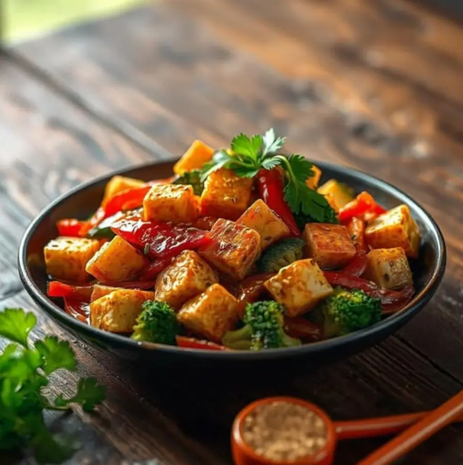 A vibrant tofu stir-fry featuring crispy golden tofu cubes surrounded by colorful vegetables including red bell pepper, zucchini, carrot, and broccoli. The dish is garnished with sesame seeds and fresh cilantro, served in a bowl with a glossy soy-based sauce coating the ingredients.