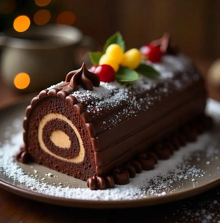 Yule Log Cake (Buche de Noel) decorated with chocolate ganache and festive decorations, ready to serve for the holidays.