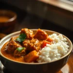 Close-up photo of a delicious Beef Curry with tender beef pieces in creamy coconut sauce, garnished with cilantro, served with steamed white rice