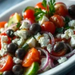 Overhead view of a vibrant Greek salad in a white bowl, featuring sliced cucumbers, halved cherry tomatoes, thinly sliced red onion, Kalamata olives, and crumbled feta cheese. The salad is drizzled with lemon-oregano dressing and garnished with fresh parsley, set on a rustic wooden table