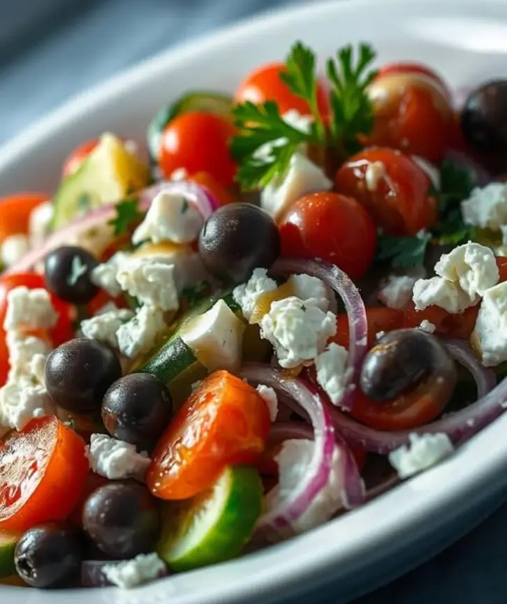 Overhead view of a vibrant Greek salad in a white bowl, featuring sliced cucumbers, halved cherry tomatoes, thinly sliced red onion, Kalamata olives, and crumbled feta cheese. The salad is drizzled with lemon-oregano dressing and garnished with fresh parsley, set on a rustic wooden table