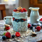 A jar of overnight oats topped with fresh mixed berries and a drizzle of almond butter, perfect for a healthy breakfast.