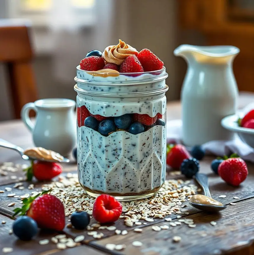 A jar of overnight oats topped with fresh mixed berries and a drizzle of almond butter, perfect for a healthy breakfast.