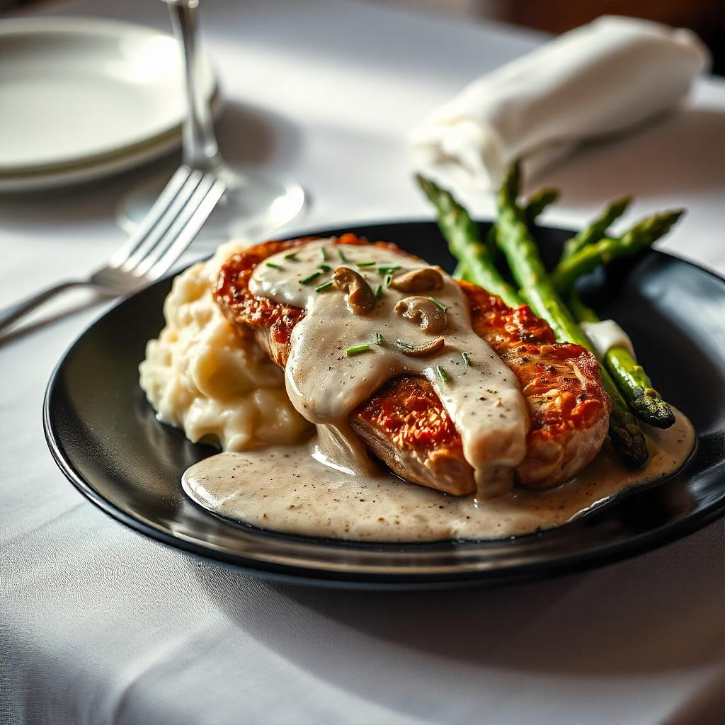 Close-up of a gourmet pork chop with mushroom cream sauce, served with truffle mashed potatoes and grilled asparagus, presented on a sleek black plate in an elegant dining setting.