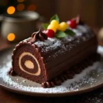 A beautifully decorated Yule Log Cake with rich chocolate ganache, whipped cream filling, and festive decorations, resting on a holiday-themed plate.