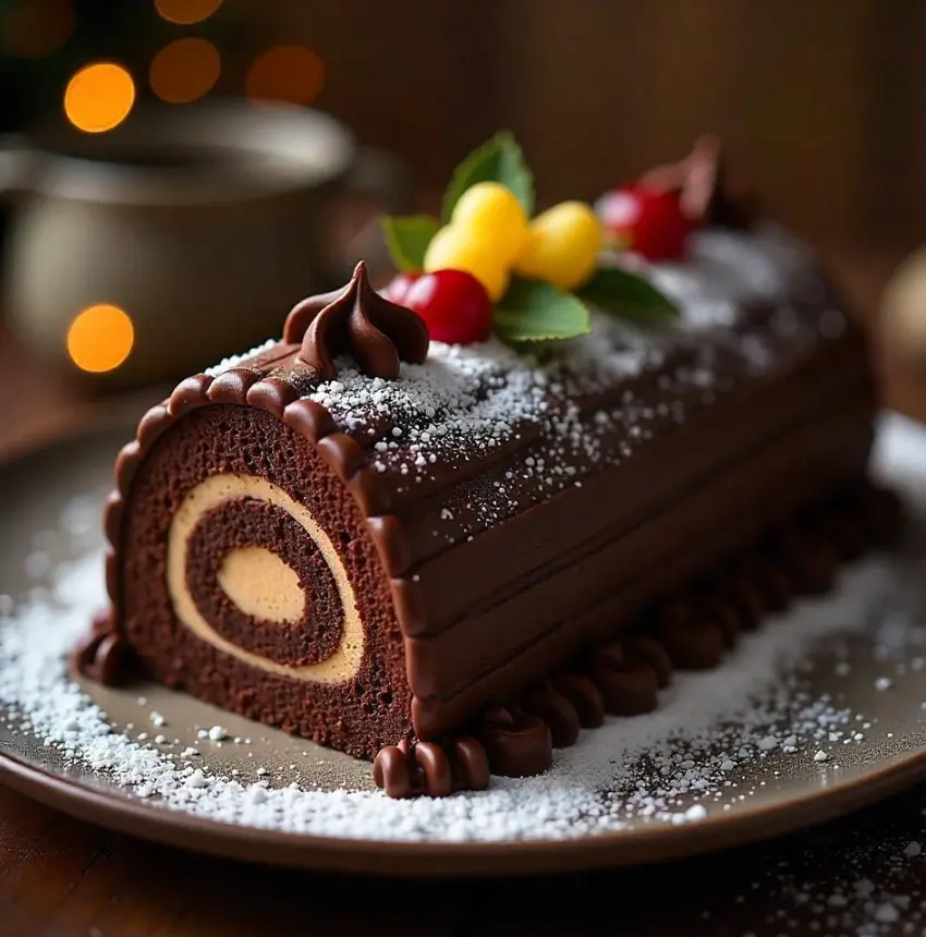 A beautifully decorated Yule Log Cake with rich chocolate ganache, whipped cream filling, and festive decorations, resting on a holiday-themed plate.