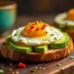 Avocado toast with poached egg, garnished with red pepper flakes and olive oil, on a rustic wooden table.