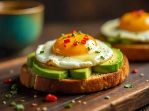 Avocado toast with poached egg, garnished with red pepper flakes and olive oil, on a rustic wooden table.