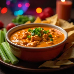 A plate of creamy Buffalo Chicken Dip with tortilla chips and celery sticks for dipping, surrounded by party decor.