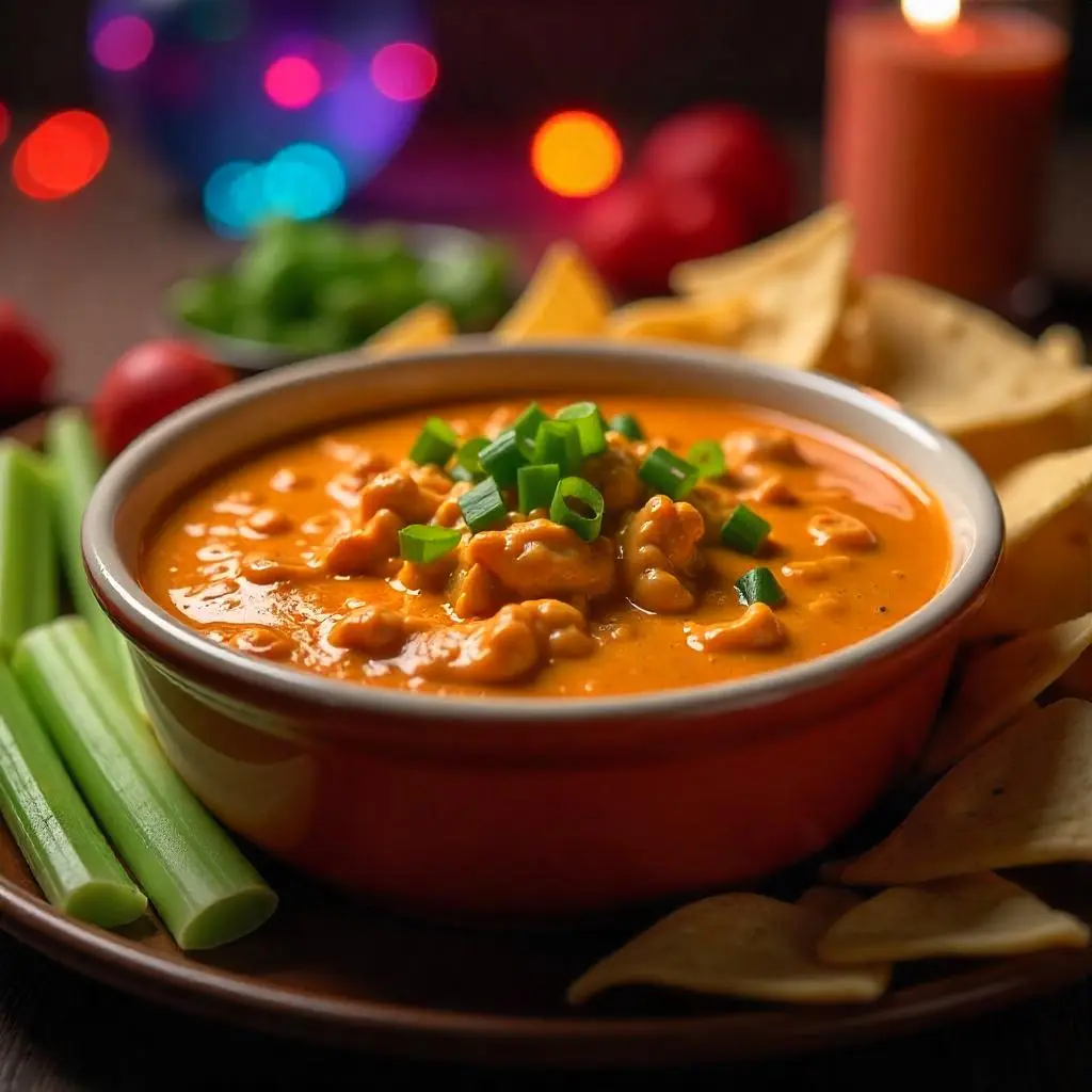A plate of creamy Buffalo Chicken Dip with tortilla chips and celery sticks for dipping, surrounded by party decor.