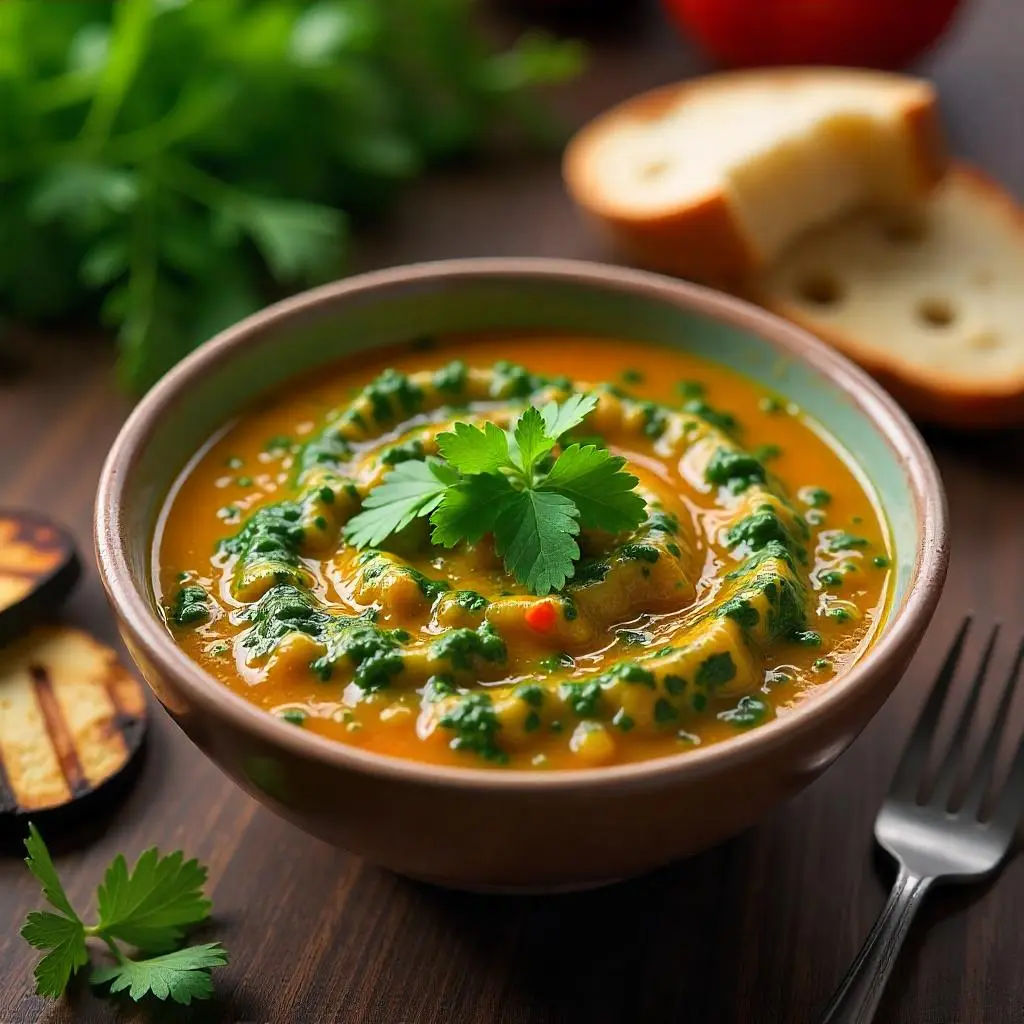 Vibrant bowl of carrot greens chimichurri served with grilled vegetables and bread, showcasing a zero-waste recipe.