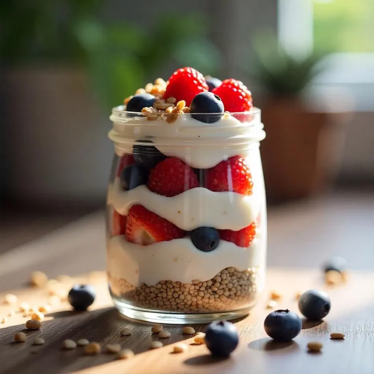 Layered chia seed parfait with berries, yogurt, and granola in a clear glass jar