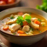 Close-up of a steaming bowl of classic chicken soup with tender chicken, carrots, celery, and fresh parsley garnish.