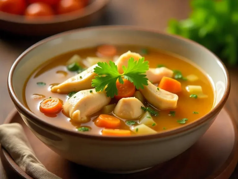 Close-up of a steaming bowl of classic chicken soup with tender chicken, carrots, celery, and fresh parsley garnish.