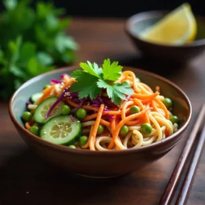 Crunchy kelp noodle salad with fresh veggies and sesame ginger dressing.
