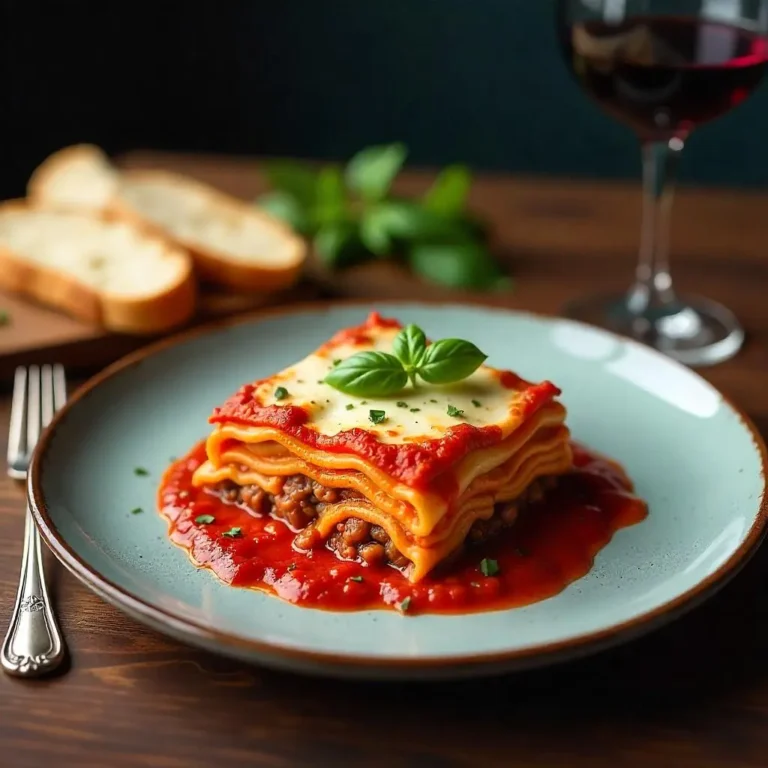 Homemade lasagna served with garlic bread and red wine on a rustic wooden table.