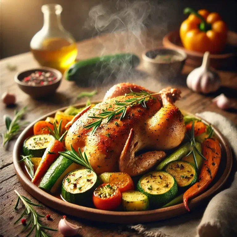 Herb-roasted organic chicken with seasonal vegetables on a rustic wooden table.