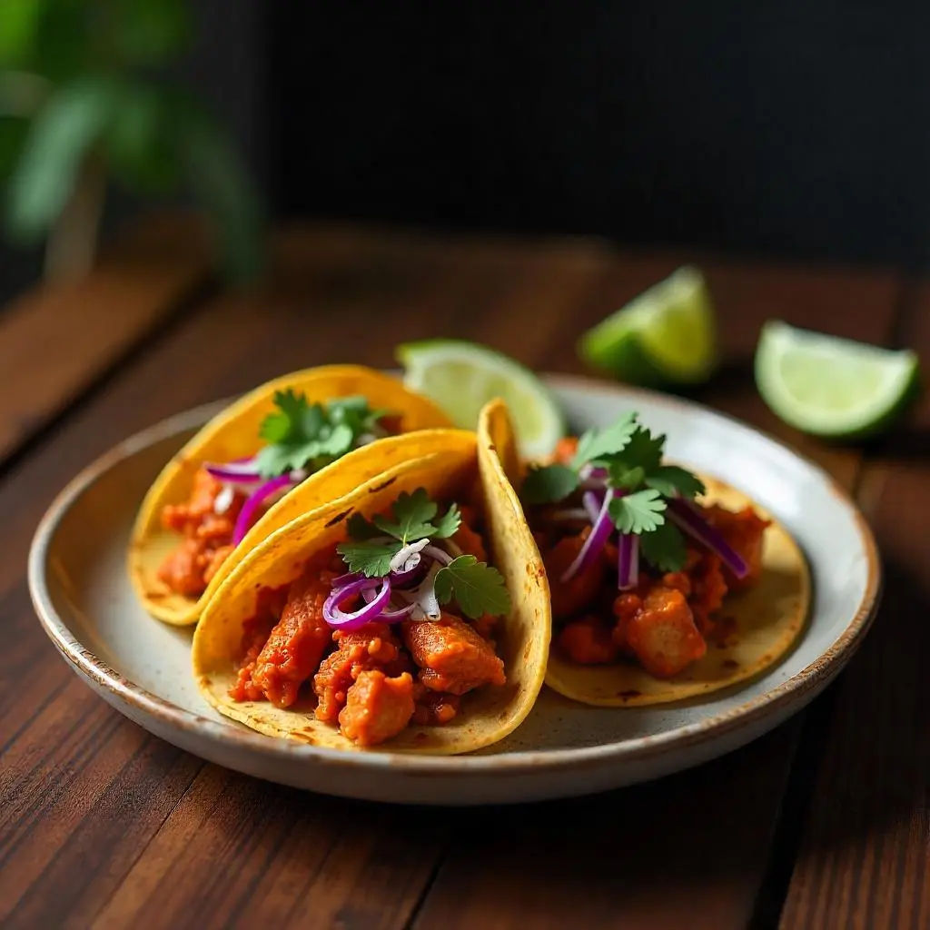 Gochujang Harissa Jackfruit Tacos with vibrant toppings on a wooden plate.