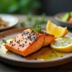 Grilled salmon fillet with lemon, herbs, roasted vegetables, and quinoa on a rustic wooden plate.