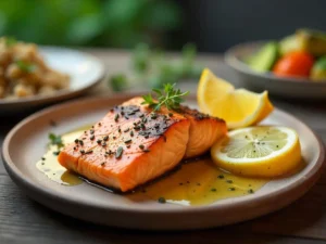 Grilled salmon fillet with lemon, herbs, roasted vegetables, and quinoa on a rustic wooden plate.