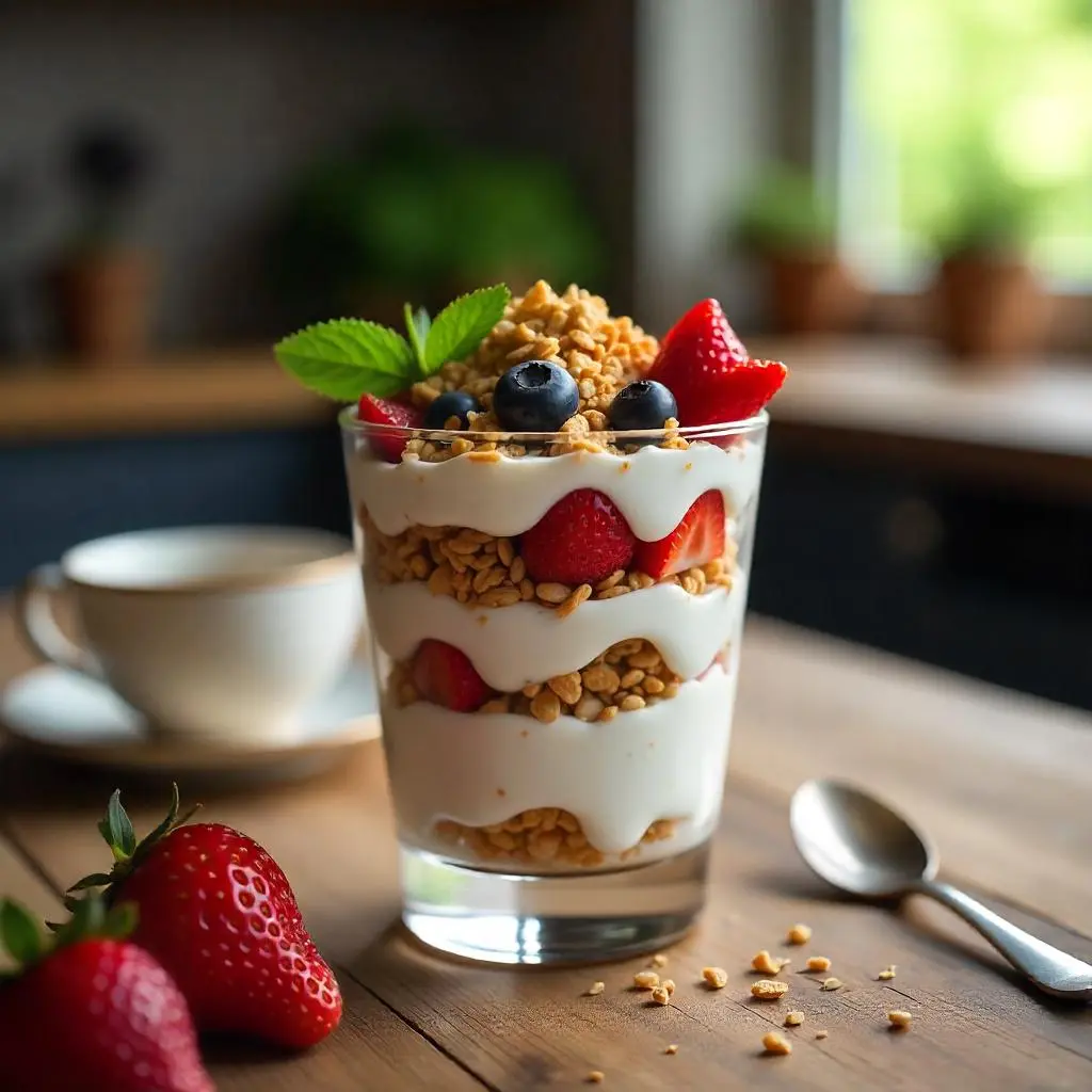 A layered yogurt parfait in a clear glass with creamy Greek yogurt, crunchy granola, and fresh berries on a rustic wooden table.
