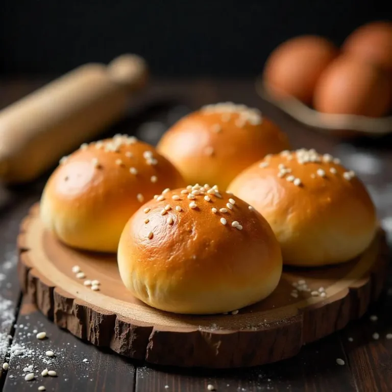 Golden homemade potato buns with a soft interior on a wooden board.