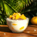 A vibrant bowl of Mango Coconut Chia Pudding with a creamy coconut milk base, juicy mango chunks, and a sprinkle of chia seeds and toasted coconut flakes, all set in a sunlit, tropical setting.